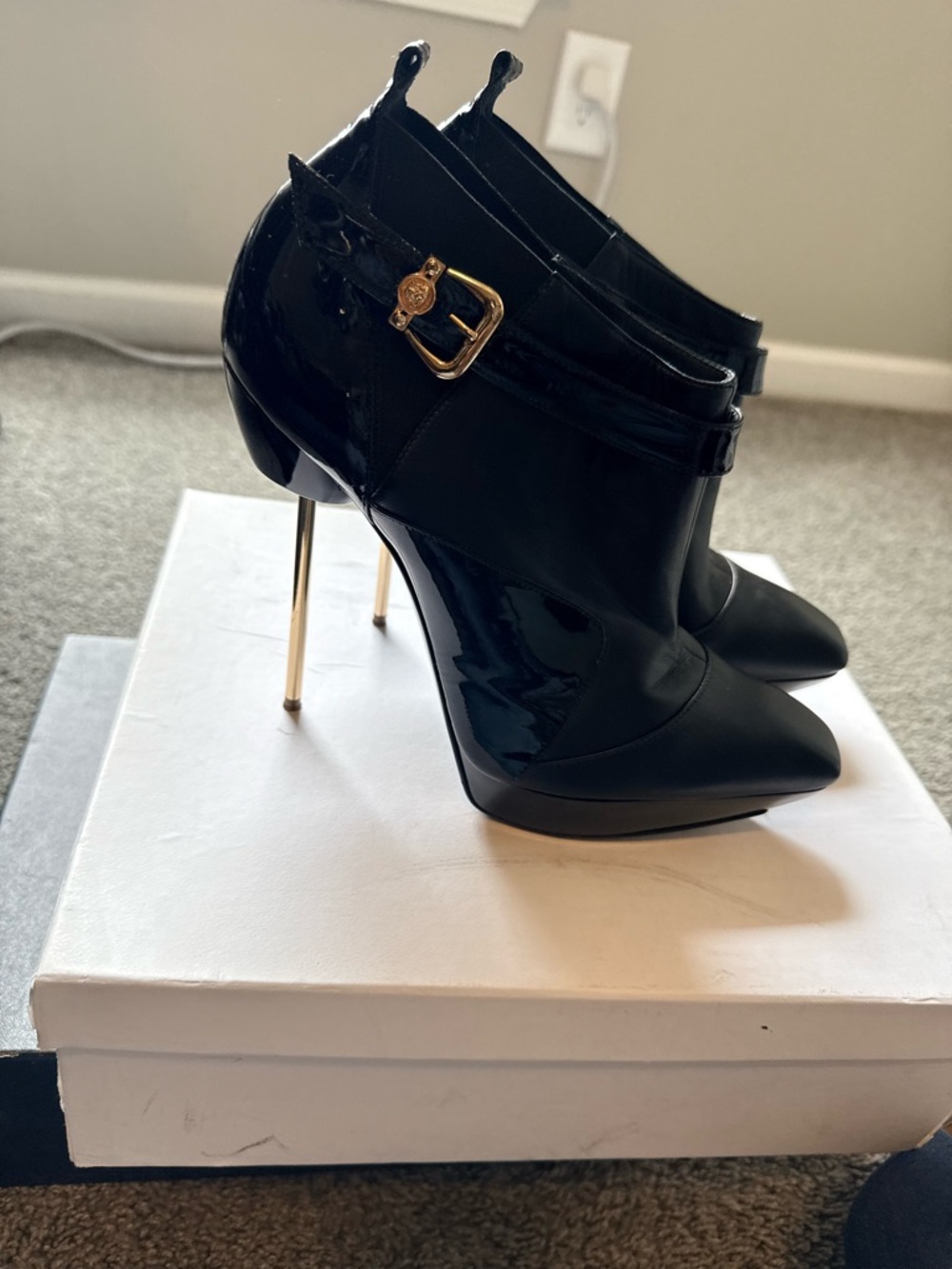 Women’s Black Patent Pointed-Toe Ankle Booties with Gold Stiletto Heel